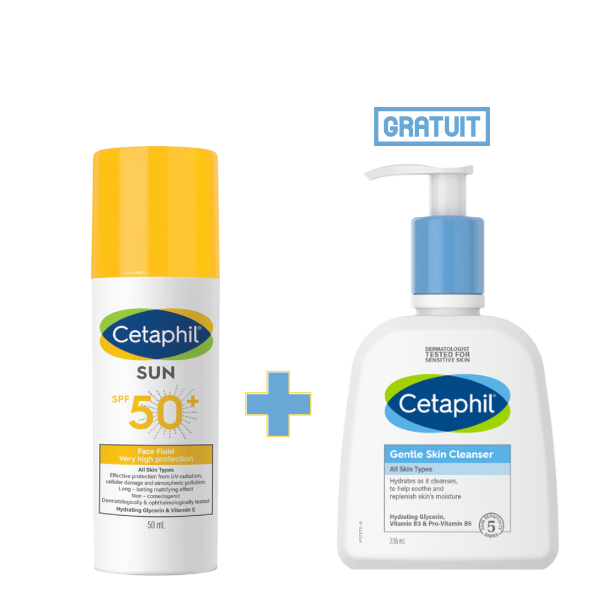 Pack Cetaphil Fluide SPF50+ + Gentle Skin Cleanser 236ml Cetaphil Fluide Solaire Visage SPF50+ Invisible avec Gentle Skin Cleanser - Tunisie